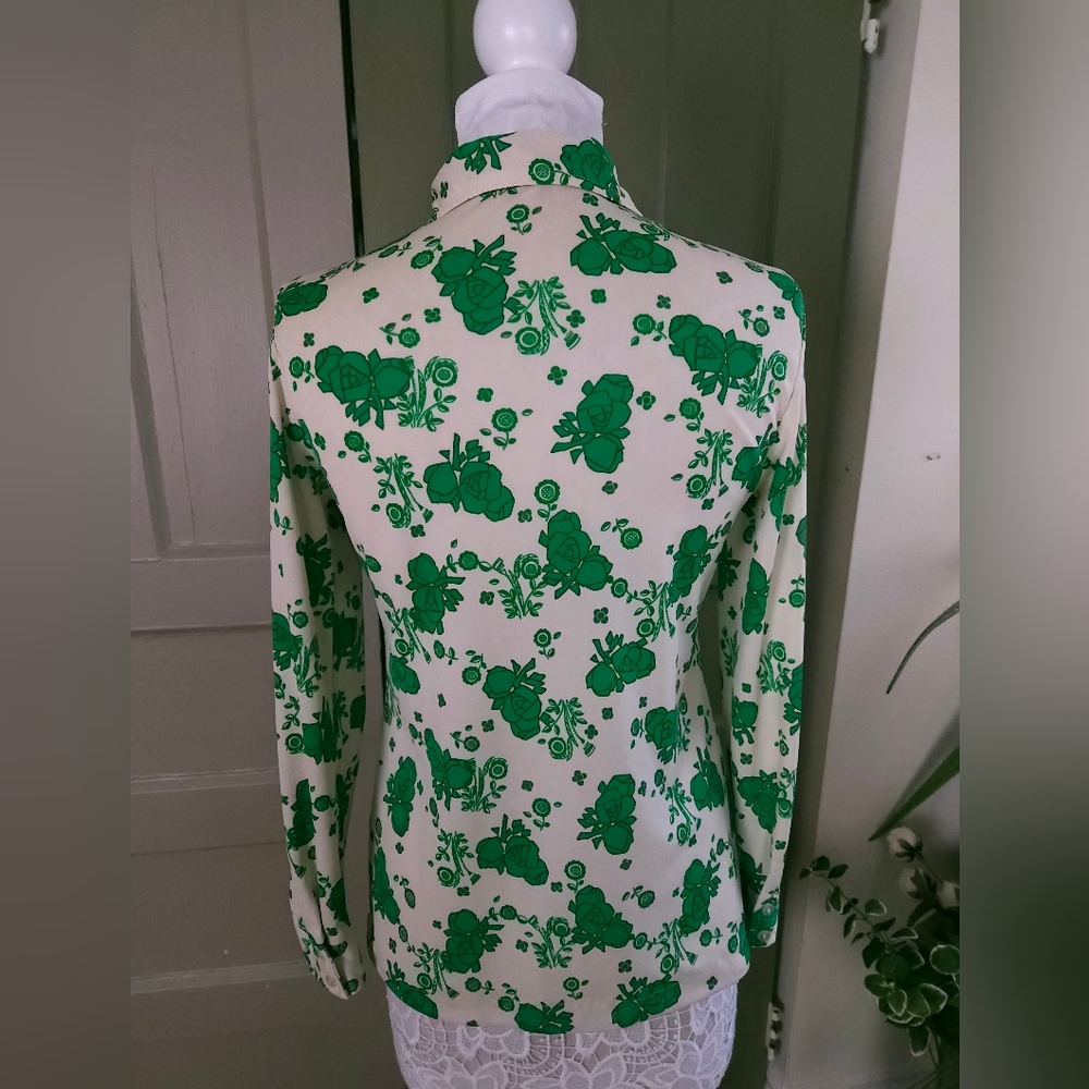 Alex Colman California Vintage 70s Point Collar Flowy Top Green Cream Small - Picture 4 of 16